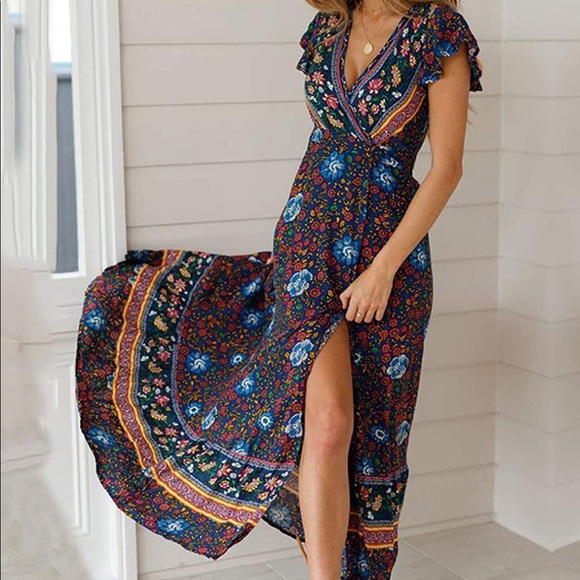 Bohemian Floral Printed Wrap Maxi Dress - Picture 7 of 8
